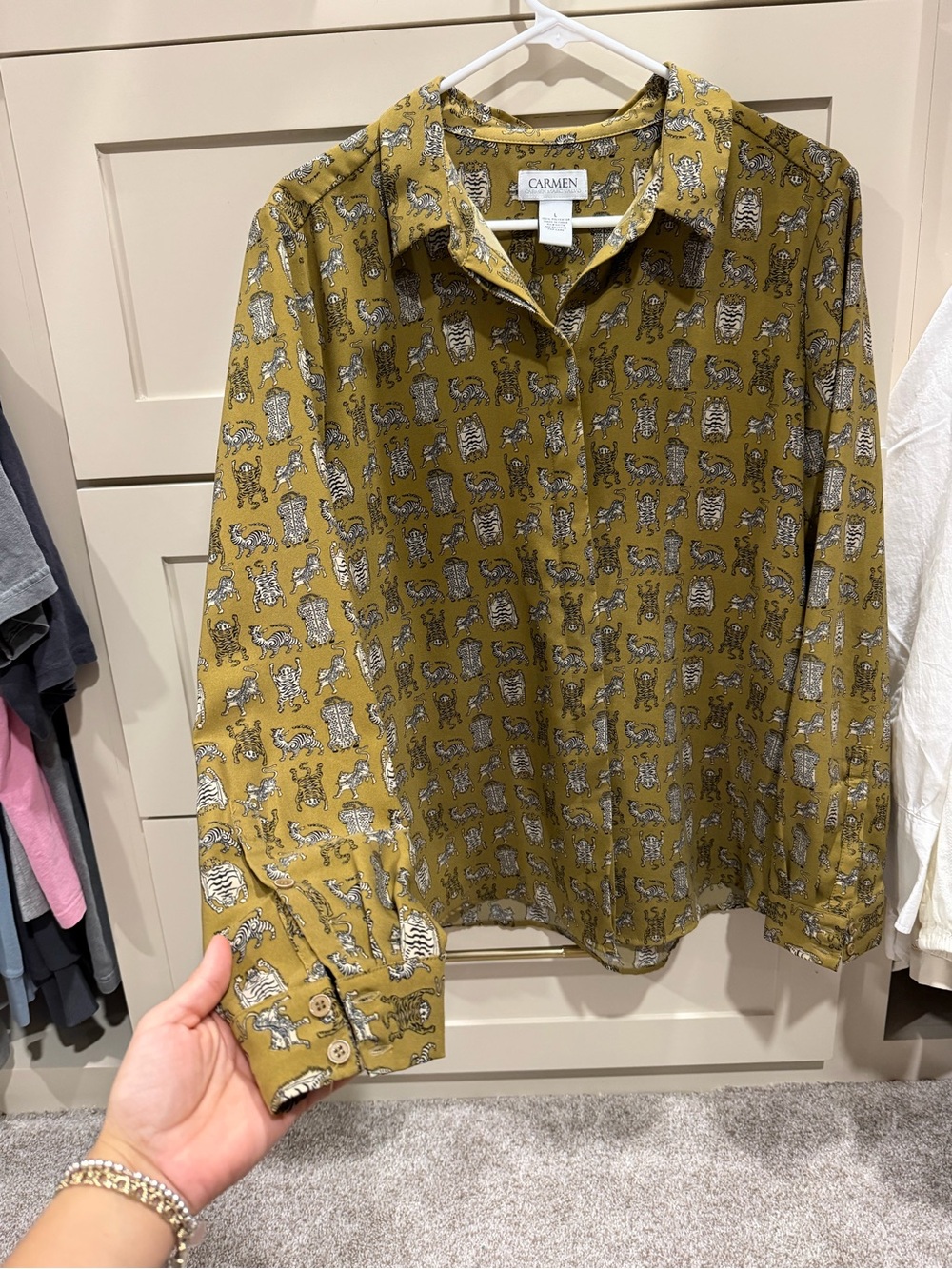 Carmen Marc Valvo Olive Tiger-Print Button Shirt